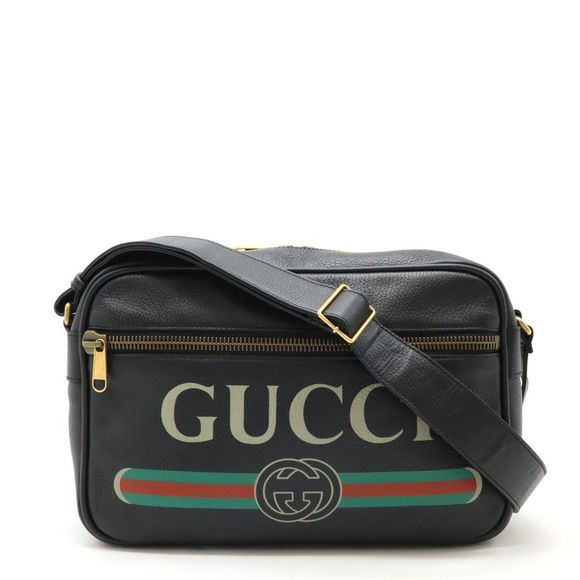 Gucci Gucci Print Logo Print Messenger Bag Shoulder Bag Diagonal Leather Black - Picture 1 of 9